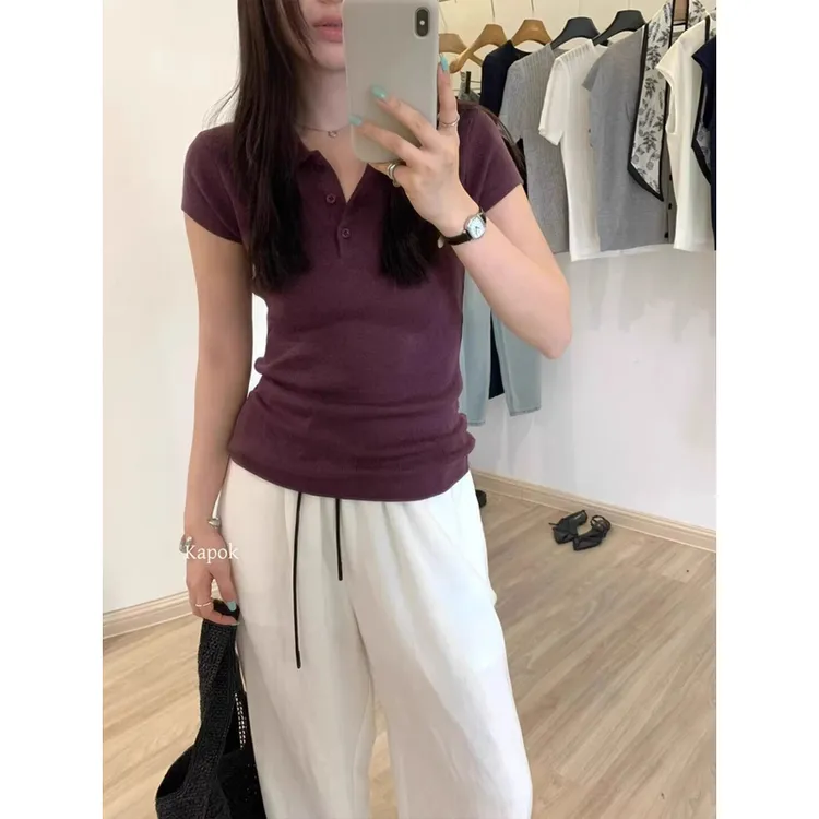 紫色polo领正肩薄款针织短袖t恤女夏季气质修身显瘦短款翻领上衣