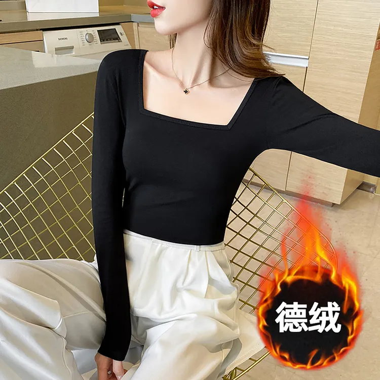 黑色方领气质内搭保暖加绒打底衫女内搭T恤秋冬紧身修身新款上衣