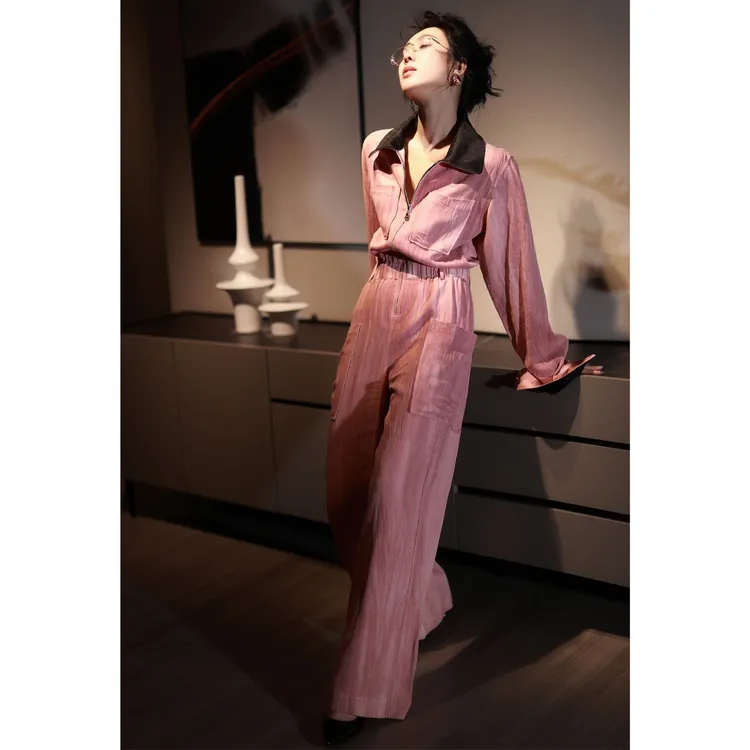 ZEROYK法式复古亚麻连体裤女春季设计感撞色Polo领收腰显瘦阔腿裤