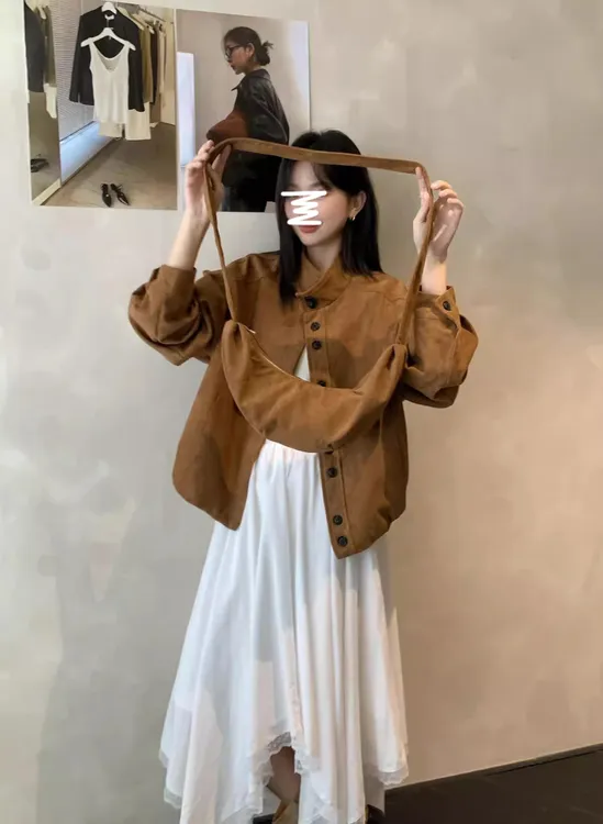 韩系简约套装立领麂皮绒外套女装秋季不规则蕾丝花边半身裙两件套