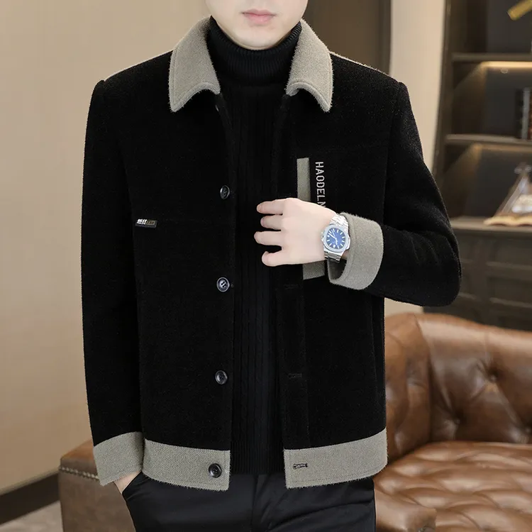 冬季男款大衣翻领外套毛呢休闲夹克加厚短款毛呢大衣高级感拼接