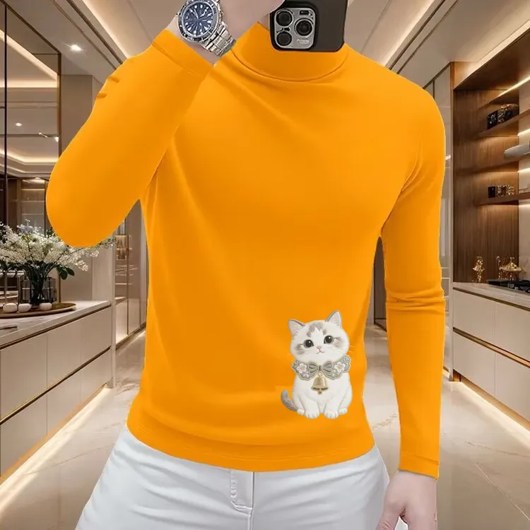 双面德绒德绒半高领印花长袖男秋冬新款T恤韩版修身打底保暖上衣