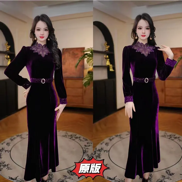 【初紫花荷】2025冬季新款收腰显瘦洋气减龄轻奢女人味打底连衣裙