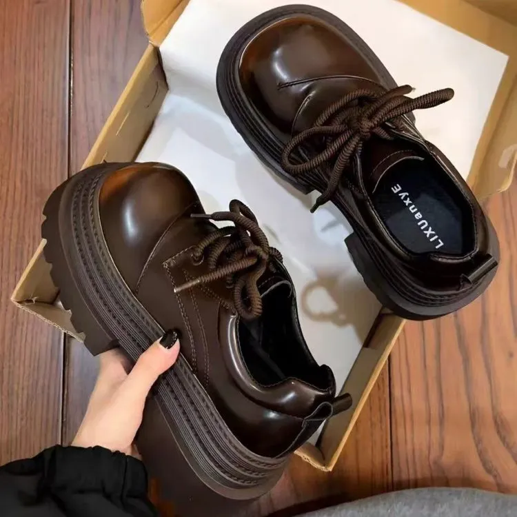 高级感擦色大头JK小皮鞋女2025春季新款系带厚底增高乐福鞋单鞋子