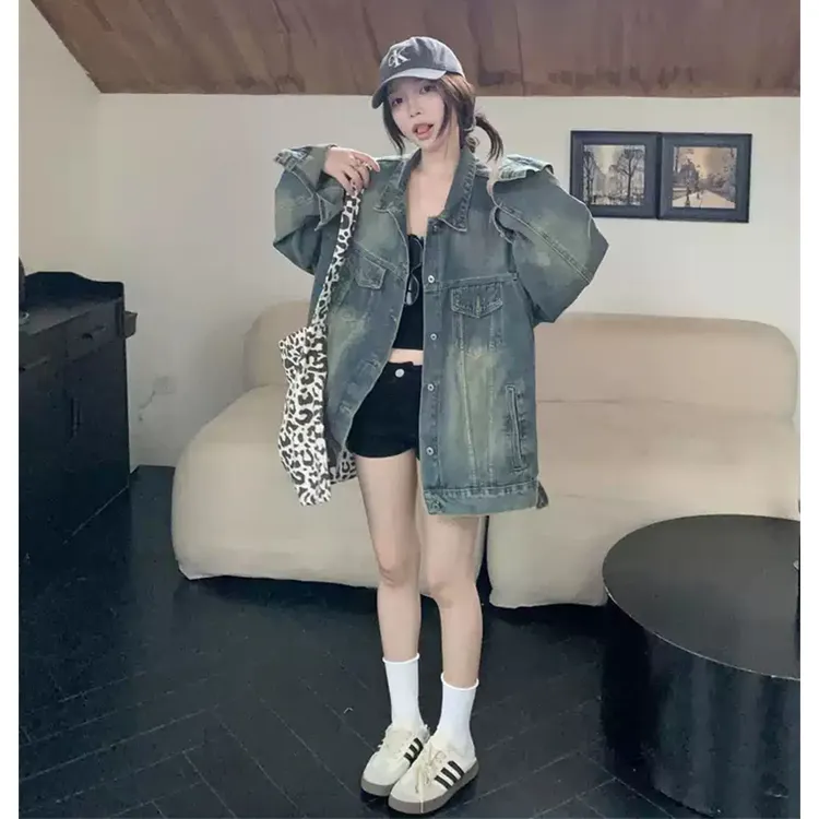 潮牌复古蓝做旧破洞牛仔外套女春秋季韩版设计感宽松休闲夹克上衣