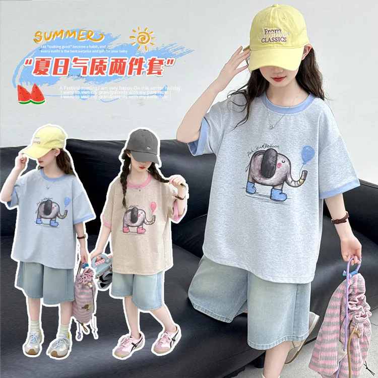 女童套装夏季2025新款中大童短袖t恤牛仔中裤两件套儿童时尚洋气