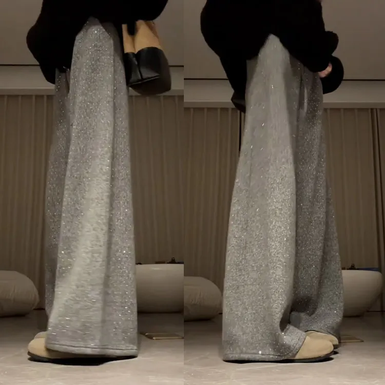 2025年爆款加绒加厚闪闪裤银狐绒复合时尚显瘦宽松灰色冬季阔腿裤