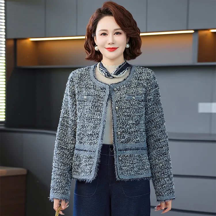 短外套女士短款秋季女长袖百搭妈妈装常规秋装上衣毛呢洋气中年