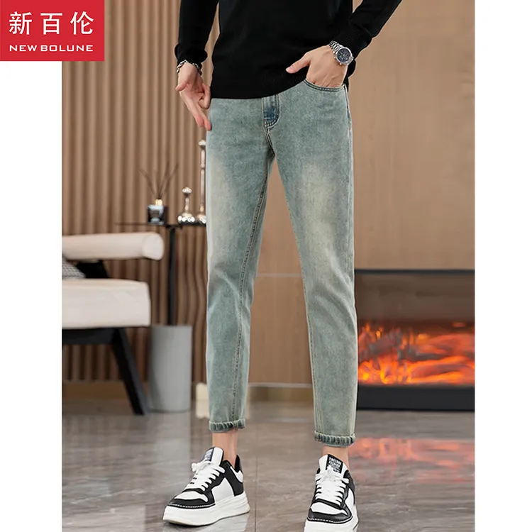 新百伦加绒牛仔裤男款2025秋冬新款爆款男士修身小直筒男装裤子