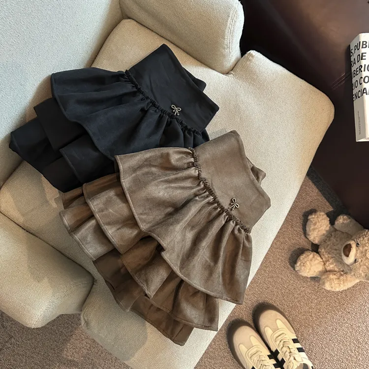 咖啡色麂皮绒半身裙2025秋冬季新款甜辣妹风高腰设计蓬蓬蛋糕短裙