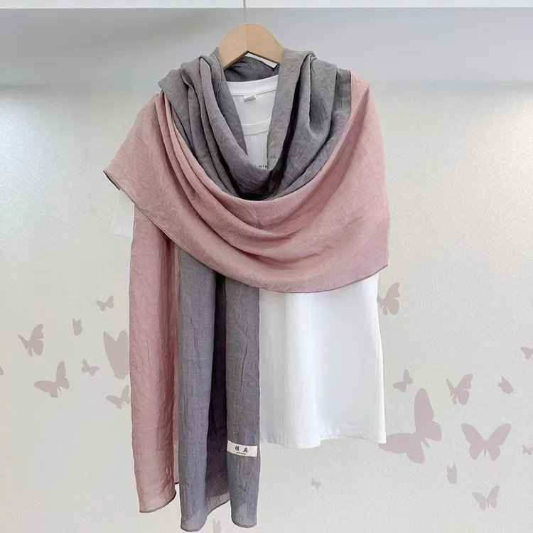 春秋冬季薄围巾女日系文艺拼色纱巾棉麻亚麻丝巾妈妈护颈围脖披肩