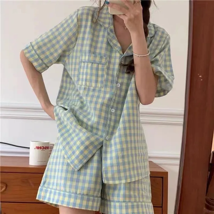 日系甜美风女夏季短袖短裤韩版宽松大码睡衣开衫两件套家居服ins