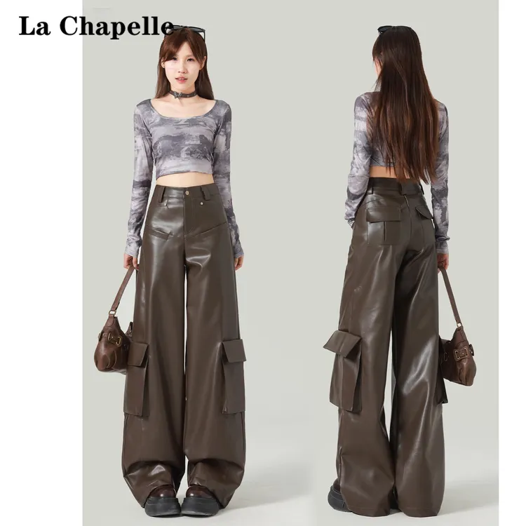拉夏贝尔高腰机能风工装PU皮裤女2025秋冬新款口袋设计阔腿休闲裤