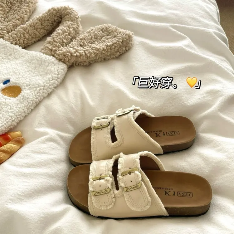 三福一字拖鞋女夏外穿2025新款复古厚底勃肯鞋软底沙滩度假凉拖鞋