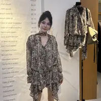 秋季百搭时尚小众豹纹设计感复古长袖收腰显瘦连衣裙