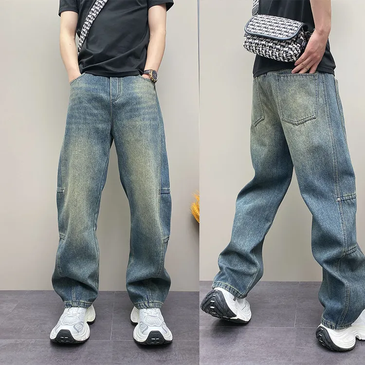 美式痞帅水洗牛仔裤冬季爆款加绒韩版直筒裤个性拼接户外休闲裤男
