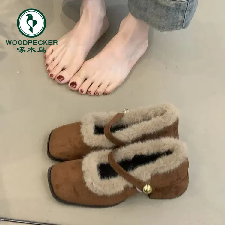 啄木鸟复古粗跟小香风毛毛鞋女加绒保暖玛丽珍鞋方头法式棉单鞋子