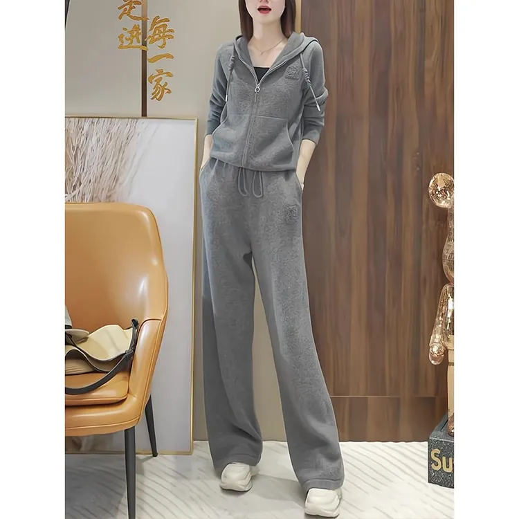 灰色休闲运动套装女2025高级感时尚洋气减龄显瘦春季穿搭一整套潮
