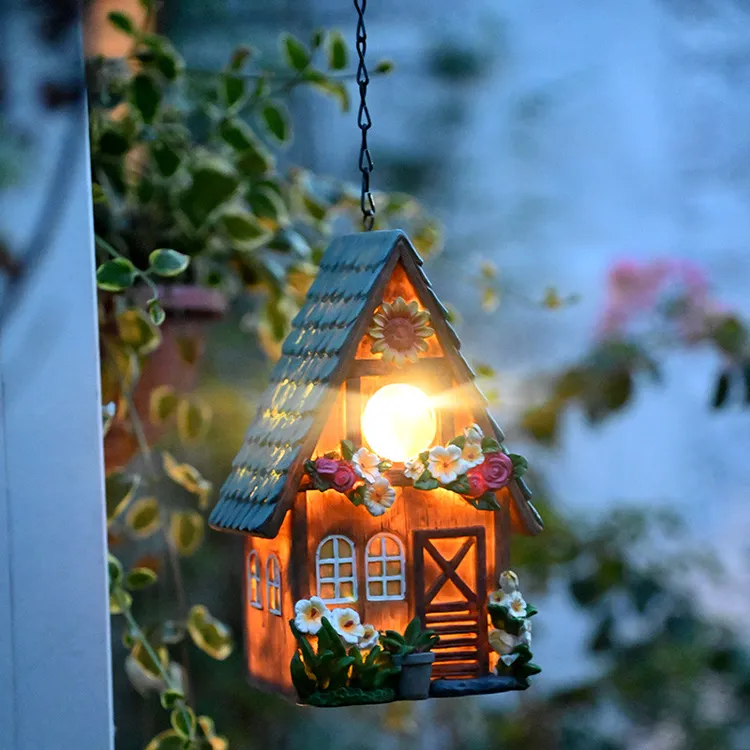 庭院装饰太阳能灯木屋挂件鸟屋树挂户外鸟窝鸟巢花园摆件阳台布置