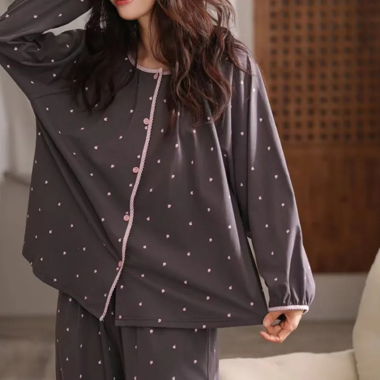 女士春秋季长袖纯棉V领印花宽松舒适可外穿睡衣