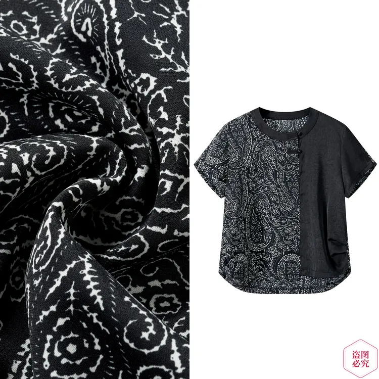 圆领复古盘扣套头薄款拼接印花短袖夏季衬衫中式提花国风上衣