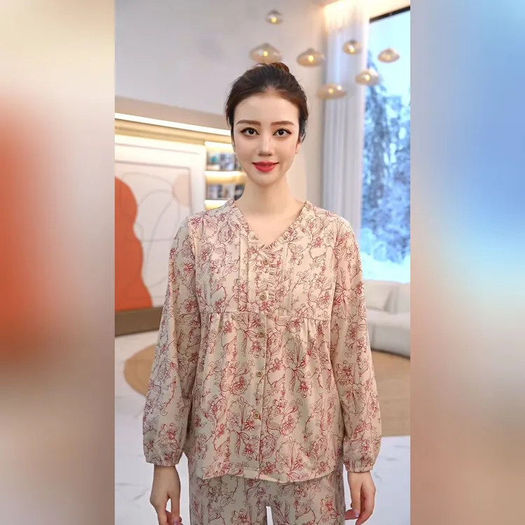 秋鹿针织舒肤纯棉印花V领长袖长裤女套睡衣秋季