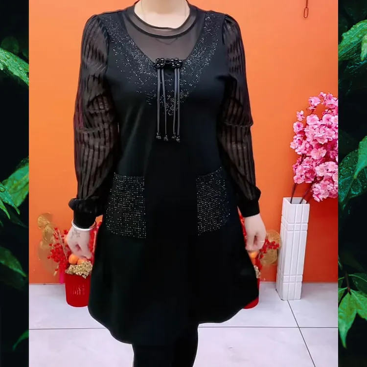 新款女士连衣裙2025春季时尚圆领长袖镶钻假两件妈妈装高档裙子