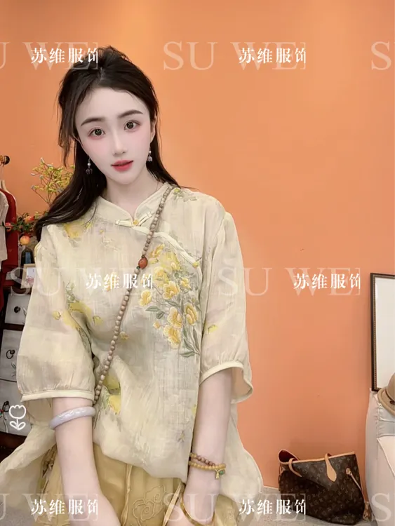 20251苎麻刺绣夏季七分袖衬衫复古斜襟少女新中式女装提花