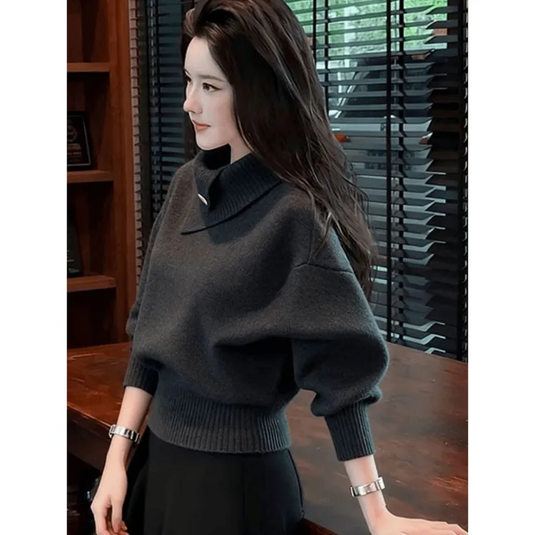 爆款秋冬季时尚轻熟韩版气质淡人高知氛围感巨好看纯色针织女上衣