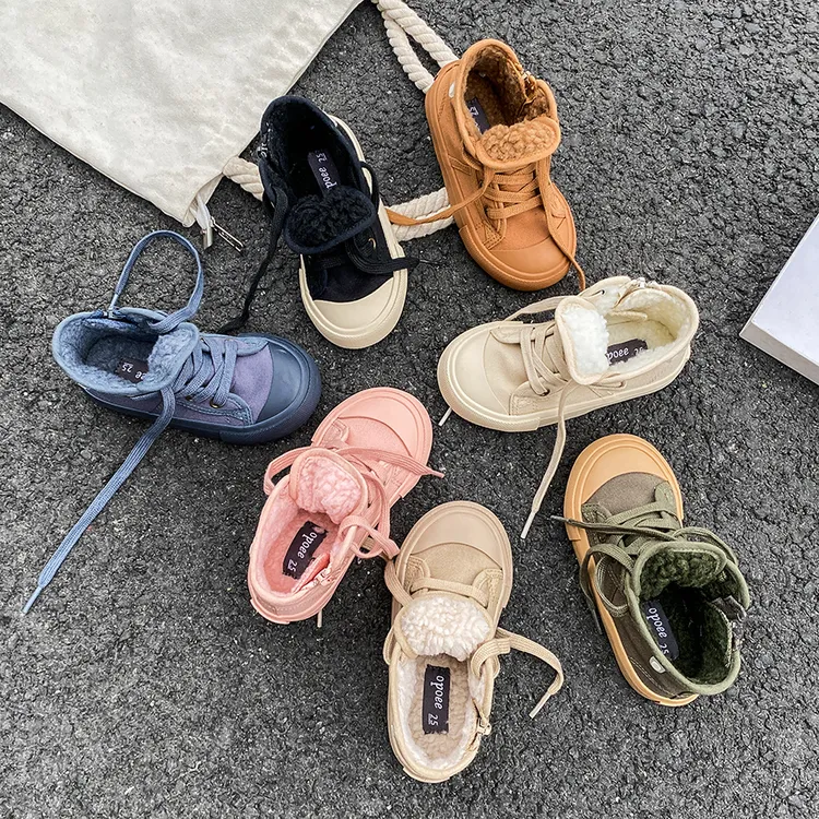 男童女童时尚棉靴纯色韩版冬季通用保暖舒适童鞋纯色系带大童小童