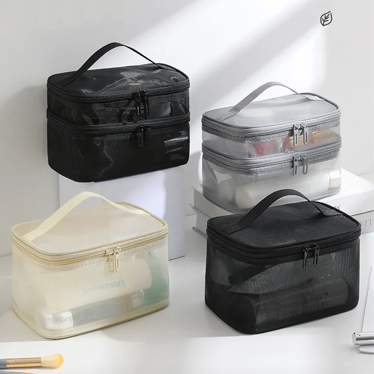 新款多层休闲风网纱简约风女手包式化妆包多功能网红慵懒风时尚