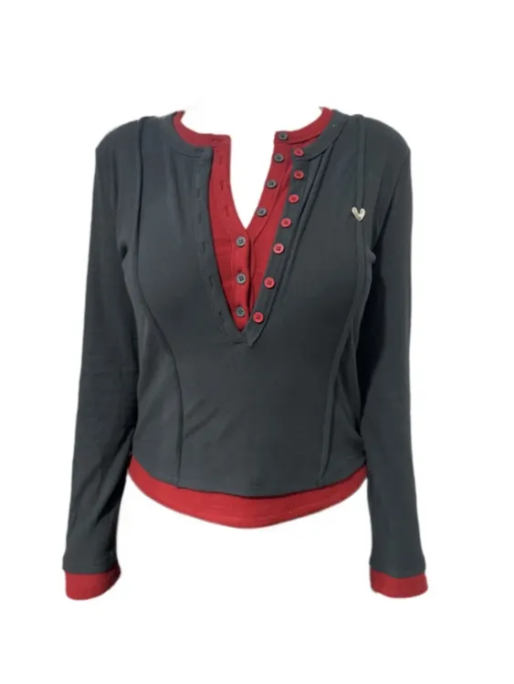 【Amy家】微胖mm纯欲风假两件针织打底衫女秋冬设计感撞色显瘦上衣