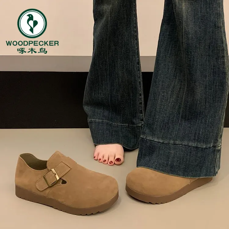 啄木鸟勃肯鞋女2025春秋新款复古厚底一脚蹬孕妇全包博肯鞋豆豆鞋