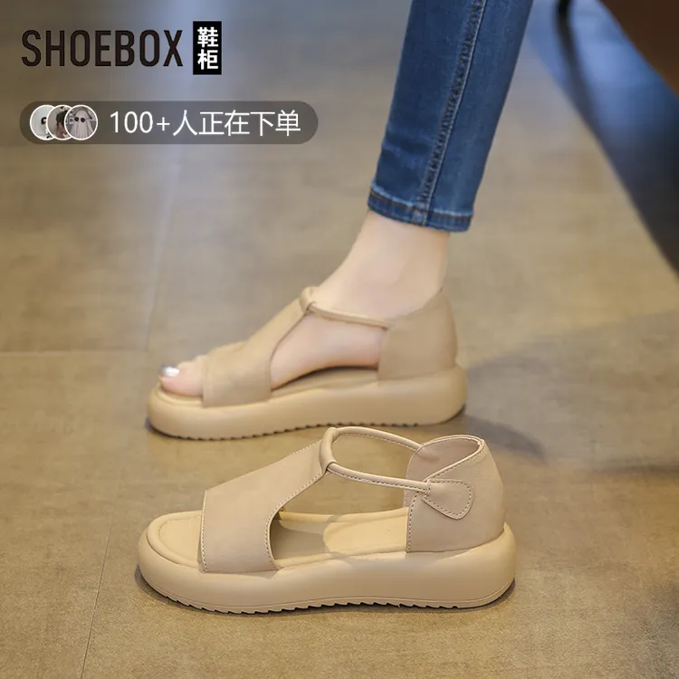 SHOEBOX鞋柜平底凉鞋女款2025新款夏季外穿百搭露趾厚底罗马鞋