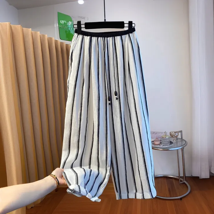 高级感独特漂亮亚麻裤子女高端2025新款宽松棉麻直筒裤条纹长裤子