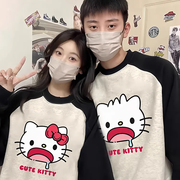 【两件装】卡通搞怪HelloKitty不一样情侣装加绒秋冬纯棉卫衣插肩袖