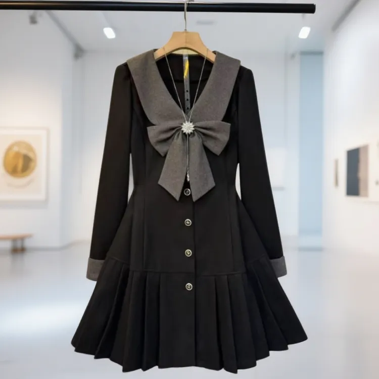 冬季新款大码女装时尚洋气蝴蝶结收腰显瘦西服连衣裙