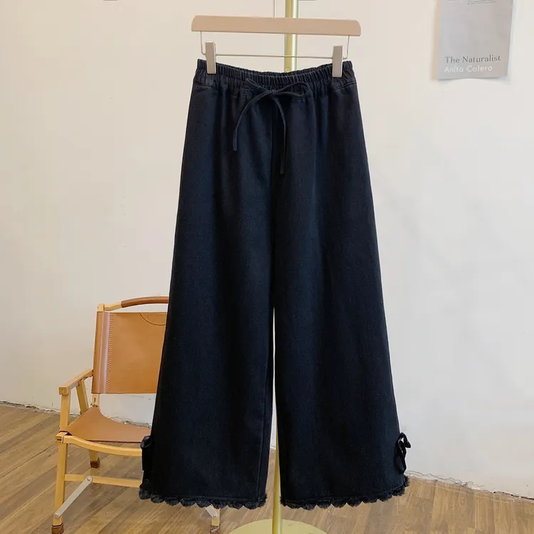 黑松露Y2212加绒蝴蝶结毛球拼接松紧腰系带牛仔阔腿裤