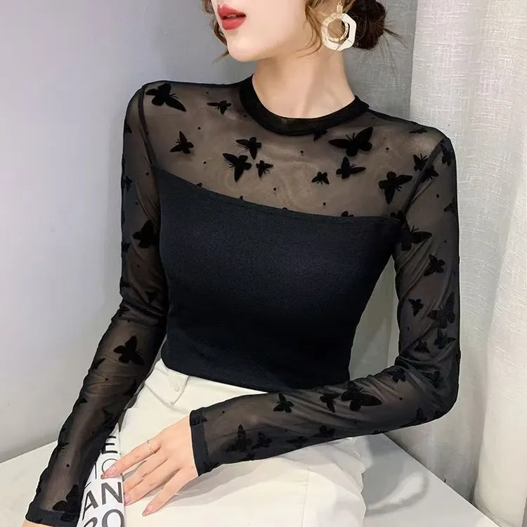春秋新款网纱打底衫女长袖性感内搭小衫2025植绒百搭外穿T恤上衣