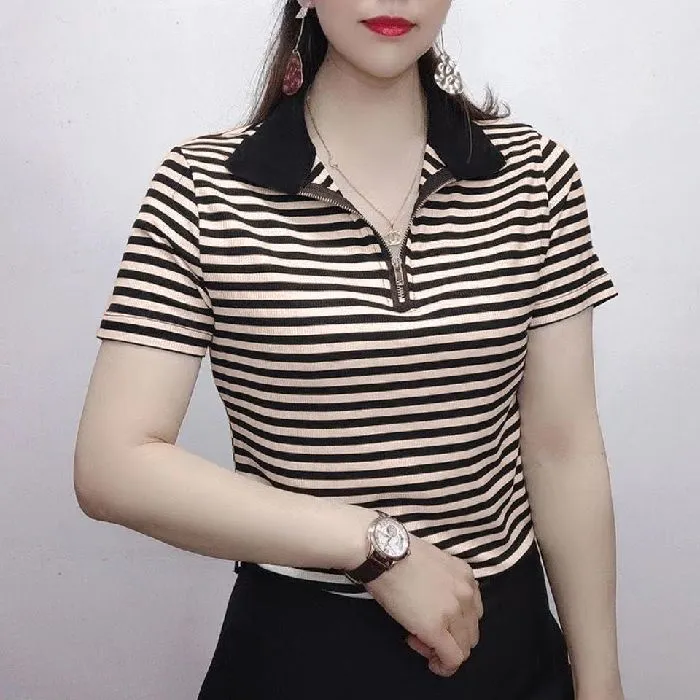 修身翻领条纹短袖t恤女中年妈妈夏装2025新款洋气减龄半拉链上衣