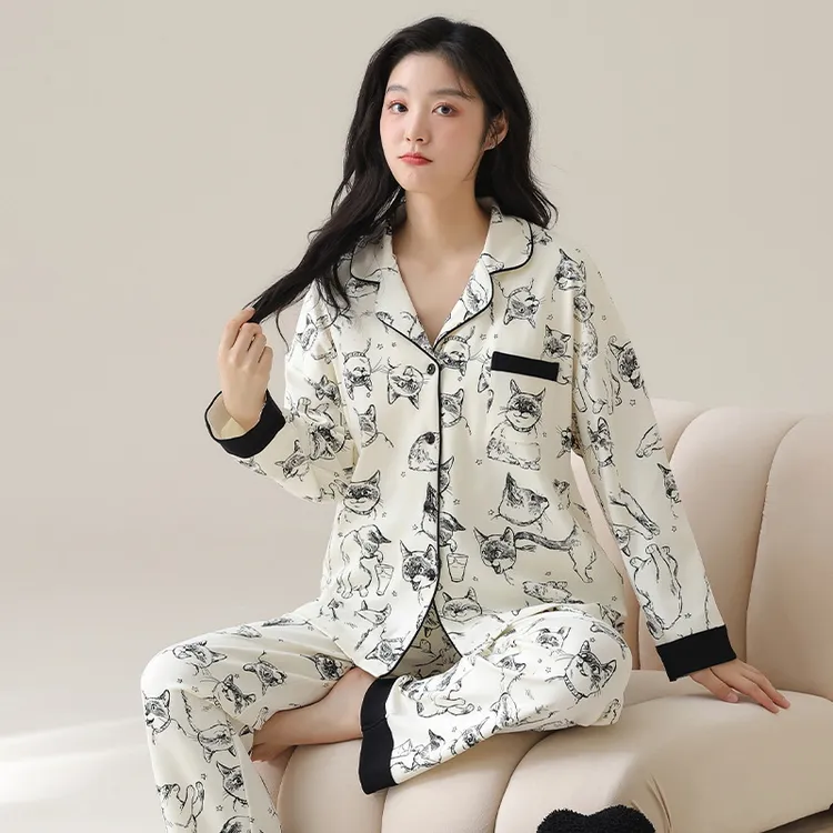 素描猫咪卡通睡衣女款春秋季开衫长袖套装加大码舒适女士家居服冬