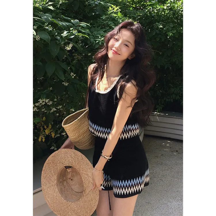复古韩系时尚套装女撞色提花针织无袖背心上衣休闲外穿短裤两件套