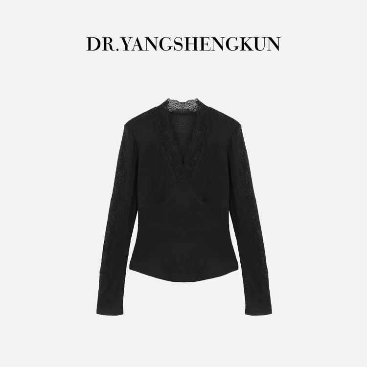 杨圣坤2025新品女士法式高级感蕾丝V领长袖T恤打底衫SL259116