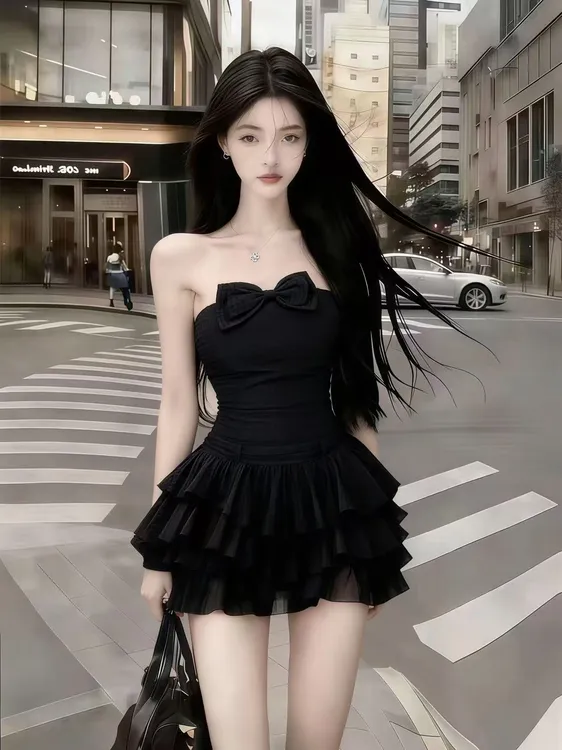 2025秋冬季氛围感气质名媛千金风黑色一字领露肩抹胸收腰连衣裙