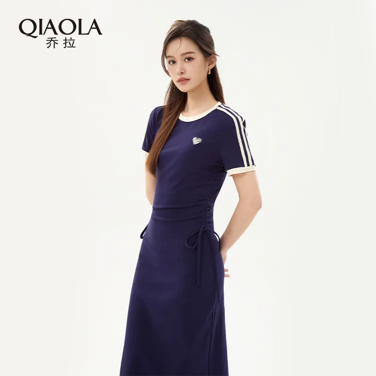 QIAOLA/乔拉【足球宝贝】夏弹力针织拼色休闲显瘦百搭减龄裙子预售