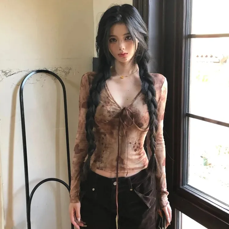 V领晕染领口系带交叉拼接褶皱长袖网纱上衣T恤 #C1188