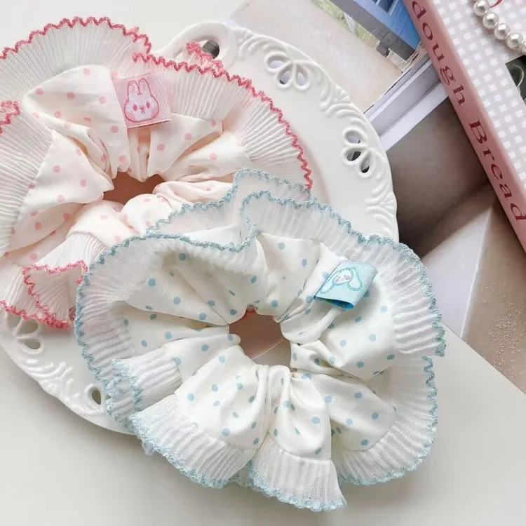 新款波点小清新大肠发圈女双层花边韩丸子头可爱发饰马尾布圈礼物