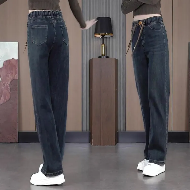 弹力松紧水泥灰春秋2025窄版牛仔裤女士高腰长裤宽松新款直筒显瘦