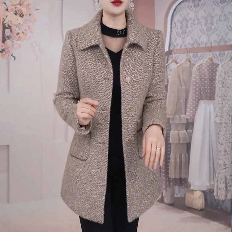 百搭翻领简约时尚中长款毛呢外套2025秋冬季新款减龄加厚保暖大衣