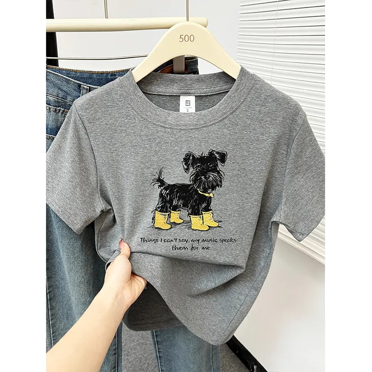 韩系ins减龄卡通小狗印花正肩圆领t恤女装大码休闲夏季新款上衣服